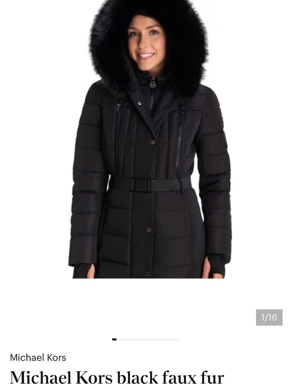 Michael Kors Black Faux-Fur Hooded Puffer Coat with Belt